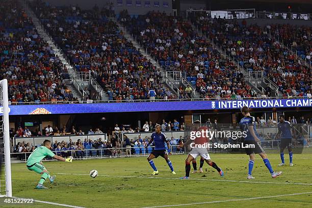 Memphis Depay of Manchester United scores against the San Jose Earthquakes during the first half of his International Champions Cup match on July 21,...