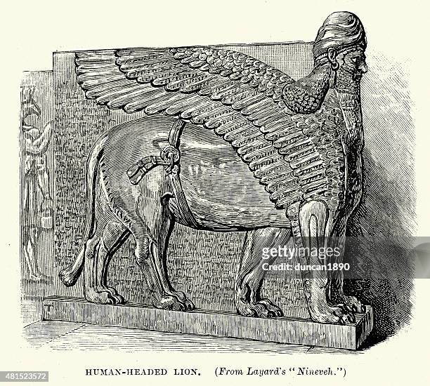 assyrian lamassu or human headed lion from nineveh - ninawa stock illustrations
