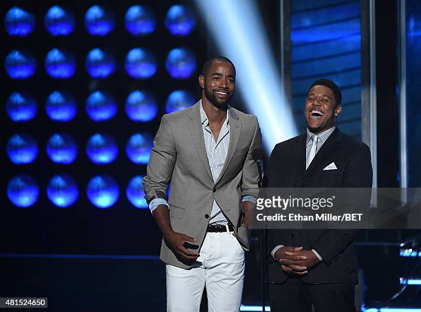 Actors Jay Ellis and Pooch Hall present an award during The Players' Awards presented by BET at the Rio Hotel & Casino on July 19, 2015 in Las Vegas,...