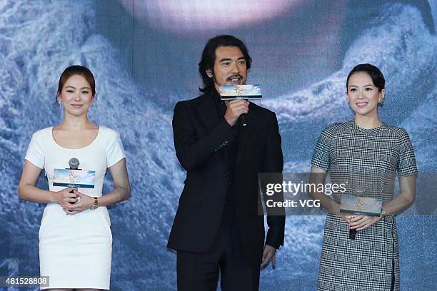 Actress Song Hye-gyo, actor Takeshi Kaneshiro and actress Zhang Ziyi attend "The Crossing Part 2" press conference on July 22, 2015 in Beijing, China.