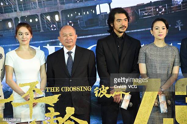 Actress Song Hye-gyo, director John Woo, actor Takeshi Kaneshiro and actress Zhang Ziyi attend "The Crossing Part 2" press conference on July 22,...