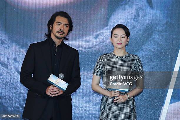 Actor Takeshi Kaneshiro and actress Zhang Ziyi attend "The Crossing Part 2" press conference on July 22, 2015 in Beijing, China.