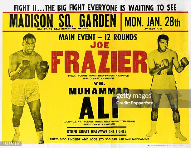 Promotional poster for the Joe Frazier versus Muhammad Ali World Heavyweight non-title boxing match, known as Super Fight II, held at Madison Square...