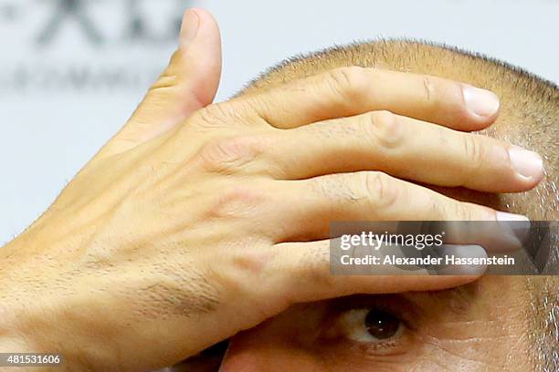 Josep Guardiola, head coach of FC Bayern Muenchen talks to the media during a press conference at Tianhe Stadium on day 6 of the FC Bayern Audi China...