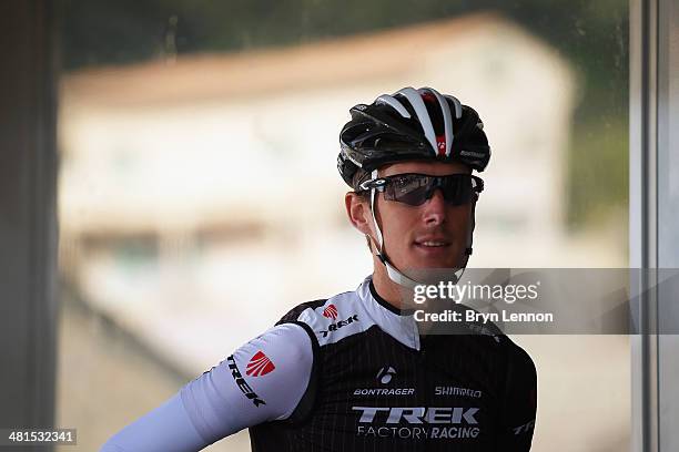 Andy Schleck of Luxembourg and Trek Factory Racing arrives at the start of stage three of the 2014 Criterium International from Porto-Vecchio to Col...