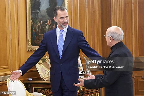 King Felipe VI of Spain receives President of the Spanish Episcopal Conference and Cardinal Archbishop of Valladolid Ricardo Blazquez Perez at the...