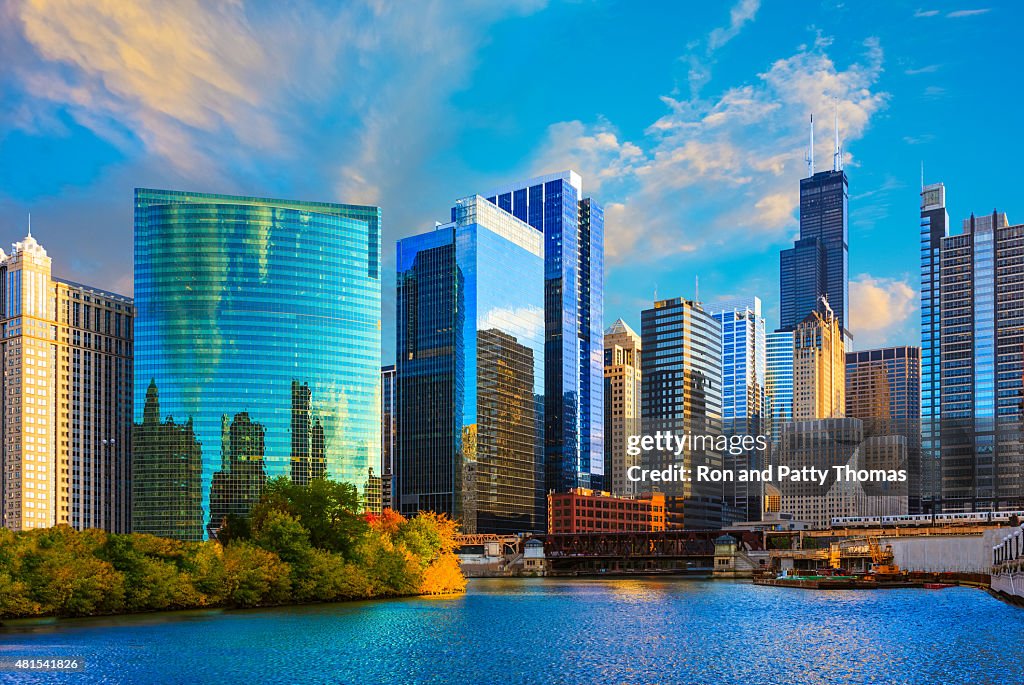 Skyscrapers of Chicago skyline at sunset,Chicago River,Ill