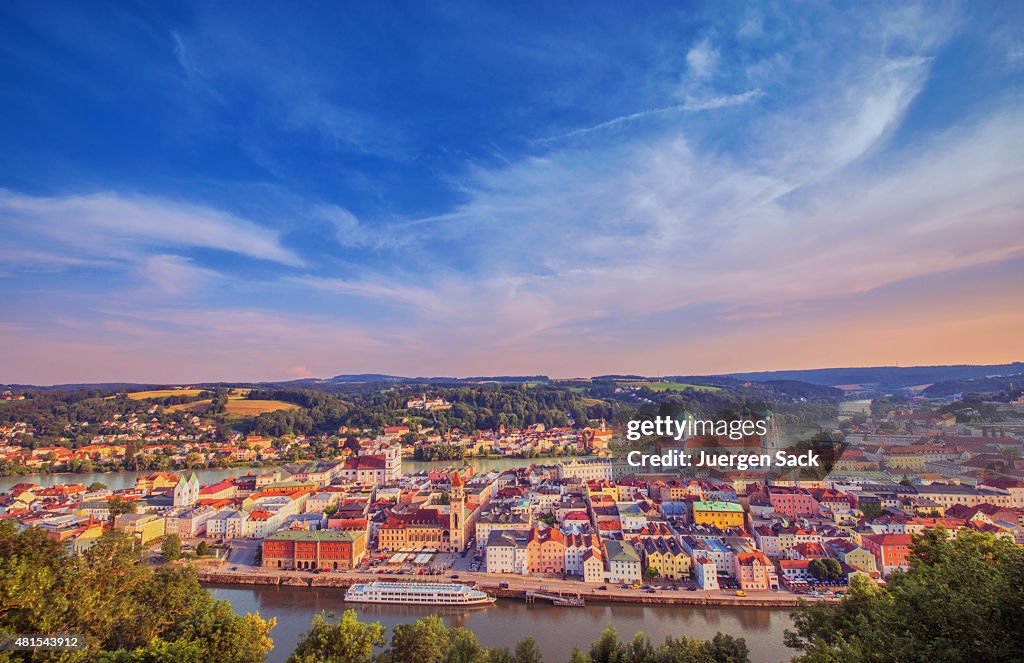 Elevated panoramic view on Passau at dusk