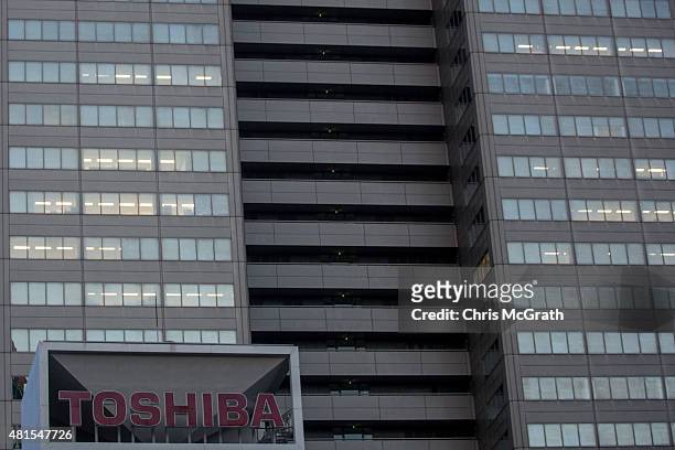 Toshiba Corporations, Tokyo headquarters is seen on July 22, 2015 in Tokyo, Japan. Toshiba Corporation President Hisao Tanaka and two other...
