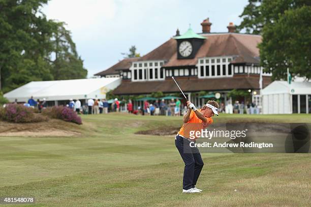 Bernhard Langer of Germany plays his second shot on the 18th hole during practice for The Senior Open Championship at Sunningdale Golf Club on July...
