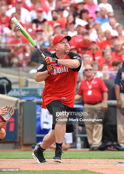 Former Cincinnati Reds and Major League Baseball player Sean Casey bats during the 2015 MLB All-Star Legends & Celebrity Softball Game at Great...