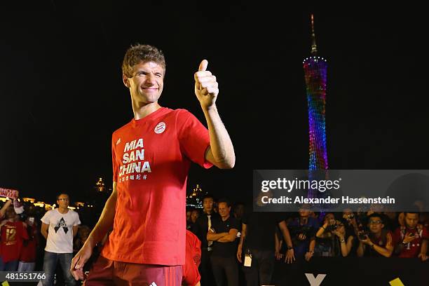 Thomas Mueller of FC Bayern Muenchen plays a fun football match at adidas marketing event on a cruise boat of the Guangzhou Pearl River at Dashatou...