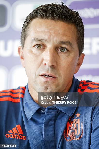 Anderlecht's head coach Besnik Hasi speaks during a press conference of Belgian first division soccer team RSC Anderlecht to present their latest...