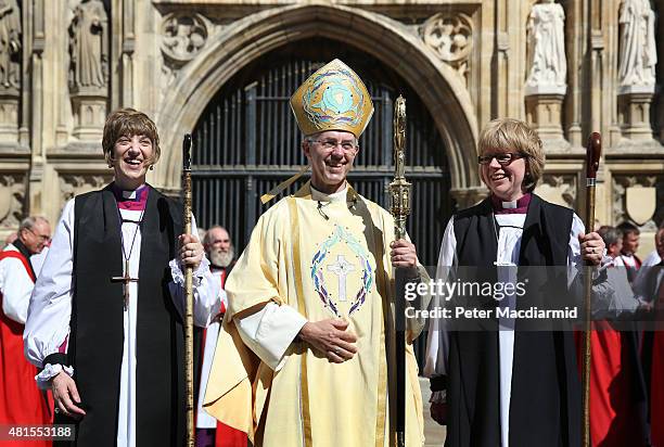 Archbishop of Canterbury, Justin Welby , stands with newly consecrated Rachel Treweek, Bishop of Gloucester and Sarah Mullally, Bishop of Crediton,...