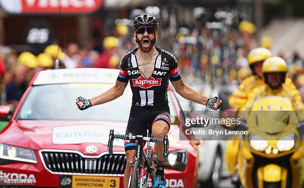 Simon Geschke of Germany and Team Giant-Alpecin crosses the finish line to win Stage Seventeen of the 2015 Tour de France, a 161km stage between...