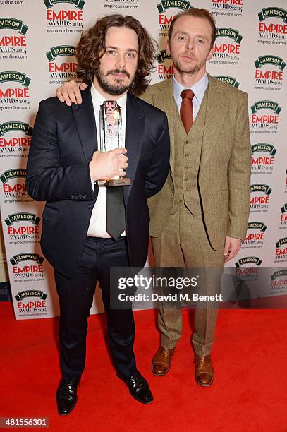 Edgar Wright and Simon Pegg, accepting the award for Best British Film for "The World's End", pose in the press room at the Jameson Empire Awards...