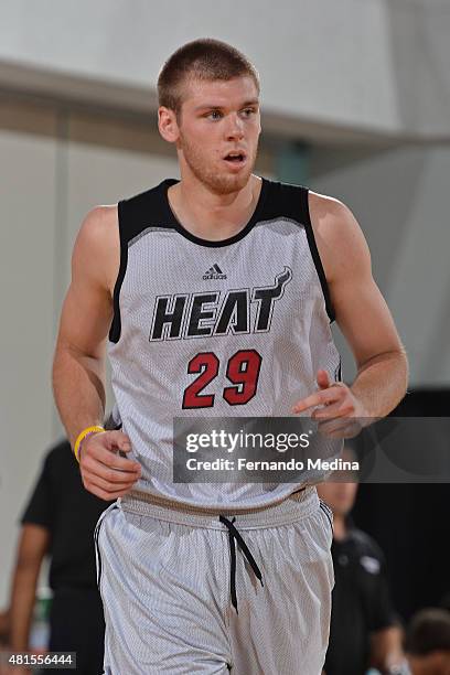 Seth Tuttle of the Miami Heat runs up court against the Detroit Pistons during Orlando Summer League on July 6, 2015 at Amway Center in Orlando,...