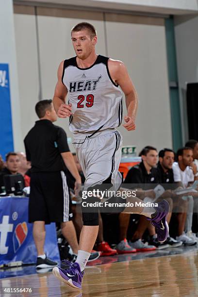 Seth Tuttle of the Miami Heat runs up court against the Detroit Pistons during Orlando Summer League on July 6, 2015 at Amway Center in Orlando,...