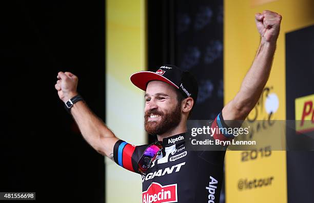 Simon Geschke of Germany and Team Giant-Alpecin celebrates on the podium after winning Stage Seventeen of the 2015 Tour de France, a 161km stage...