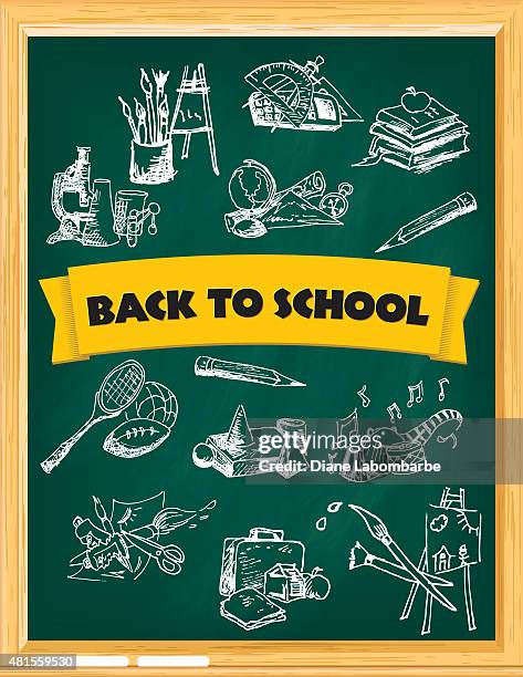 back to school chalkboard and chalk icons - work in progress board stock illustrations