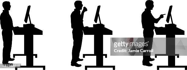 ilustrações, clipart, desenhos animados e ícones de silhueta de homem em pé no stand up de mesa - web 20