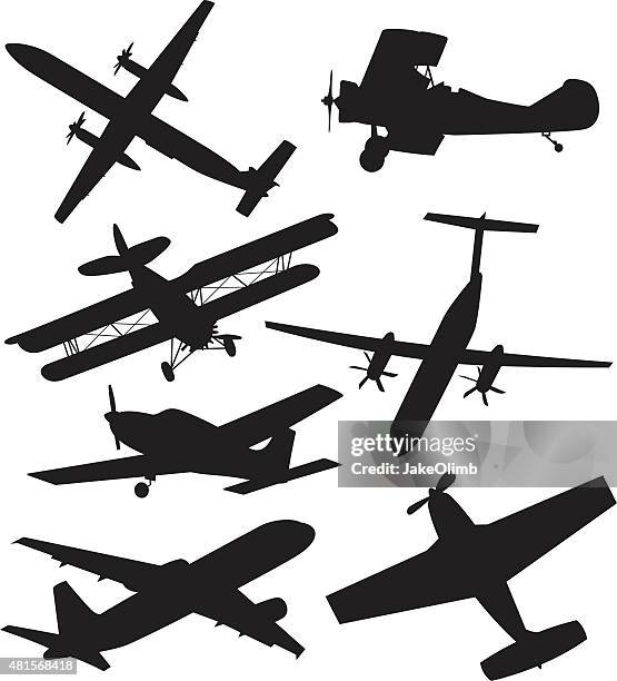 ilustraciones, imágenes clip art, dibujos animados e iconos de stock de siluetas de avión - ala de avión