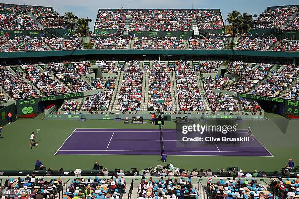 General view of Stadium court showing Novak Djokovic of Serbia against Rafael Nadal of Spain during their final match during the final at the Sony...