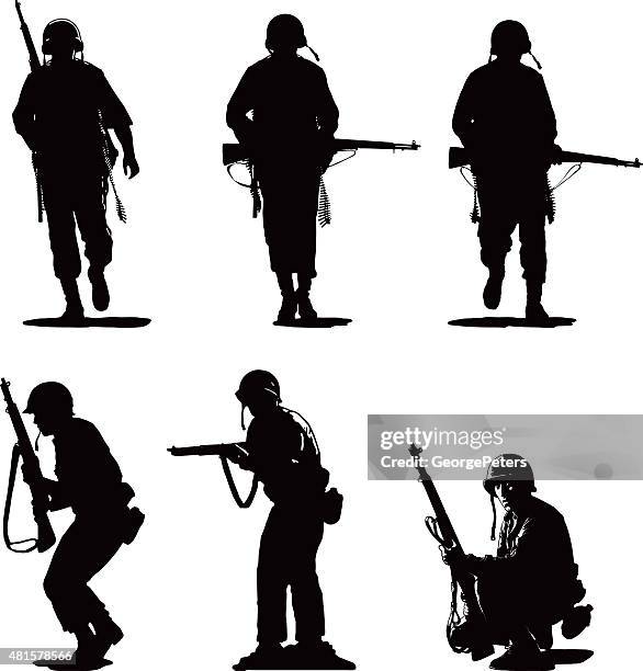 ilustrações, clipart, desenhos animados e ícones de silhuetas de exército dos eua contra soldados - soldado exército