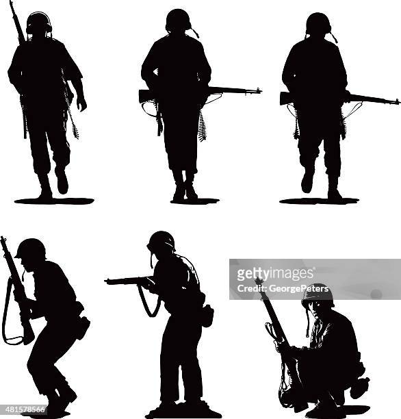 silhouettes of usa army combat soldiers - world war ii stock illustrations