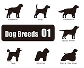 set of dog breeds, black and white, side view, vector