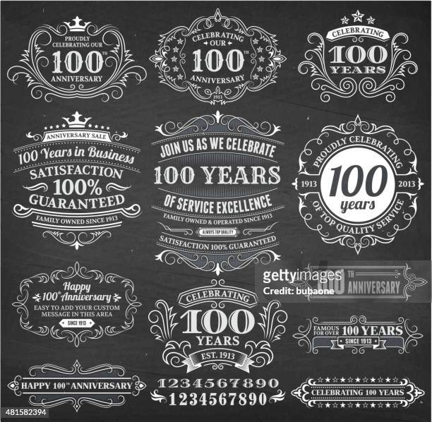 one hundred year anniversary hand-drawn chalkboard royalty free vector background - number 100 stock illustrations