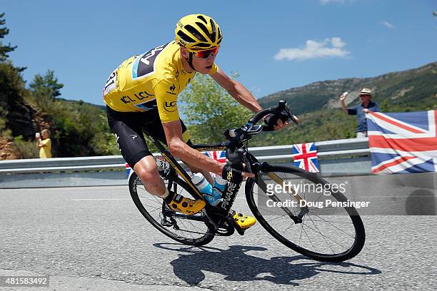 Chris Froome of Great Britain riding for Team Sky descends the Col des Leques as he defends the overall race leader yellow jersey during stage 17 of...