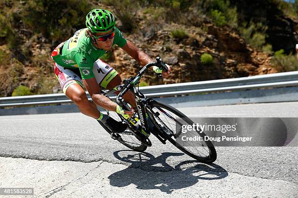 Peter Sagan of Slovakia riding for Tinkoff-Saxo descends the Col des Leques as he rides in the breakaway and defends the green points leader jersey...