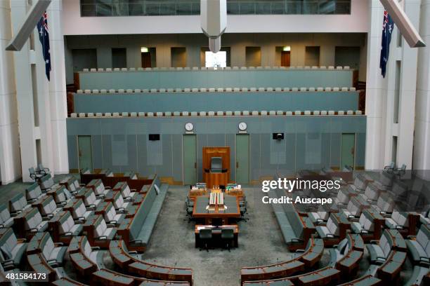 The House of Representatives in Parliament House with its green colour scheme, matching that of the House of Commons of the British parliament,...
