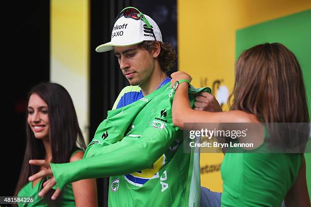 Peter Sagan of Slovakia and Tinkoff-Saxo celebrates his green jersey of best sprinter on the podium after Stage Seventeen of the 2015 Tour de France,...