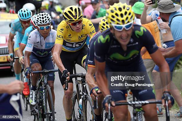 Chris Froome of Great Britain riding for Team Sky defends the overall race leader yellow jersey against Nairo Quintana of Columbia riding for...