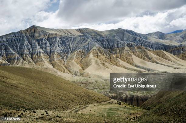 Nepal, Upper Mustang, Landscape, Layered mountain structure near Lo Manthang city