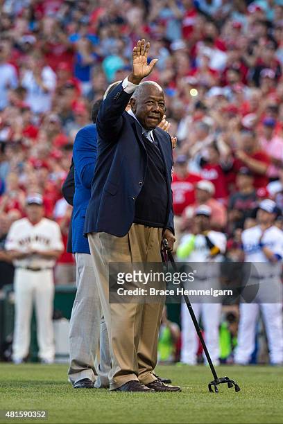 Hall of Famer Hank Aaron waves prior to the 86th MLB All-Star Game at the Great American Ball Park on July 14, 2015 in Cincinnati, Ohio. The American...