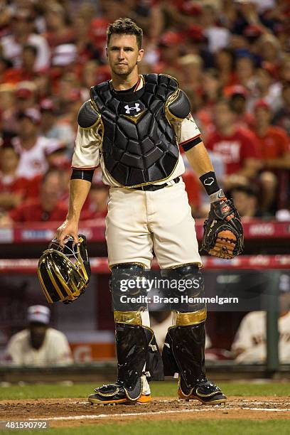 National League All-Star Buster Posey of the San Francisco Giants looks on during the 86th MLB All-Star Game at the Great American Ball Park on July...