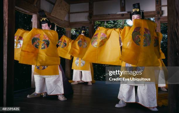 Japan, Honshu, Kyoto, Women performing gagaku in Sagimori Shinto shrine.