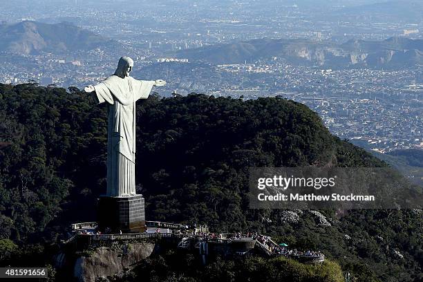 Aerial view of Christ the Redeemer with nearly one year to go to the Rio 2016 Olympic Games on July 21, 2015 in Rio de Janeiro, Brazil.