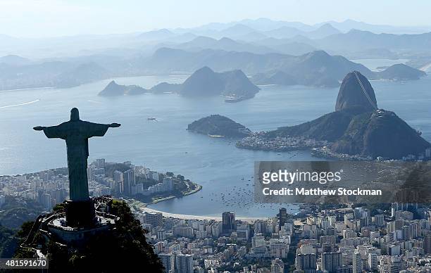 Aerial view of Christ the Redeemer, Flamengo Beach, the Sugar Loaf and Guanabara Bay with nearly one year to go to the Rio 2016 Olympic Games on July...