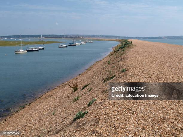 Long shingle spit with Hurst Castle at the end, Milford on Sea, Hampshire, UK.