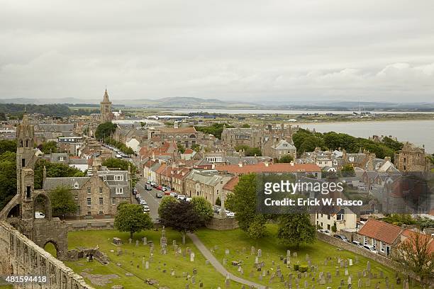 British Open Preview: Scenic view of ruins and burial grounds of St. Andrews Cathedral and the town taken from St. Rule's Tower. St. Andrews,...