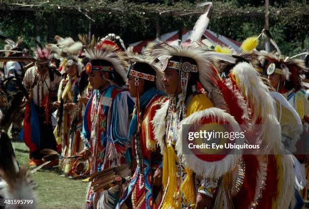 Canada, Alberta, Edmonton, Blackfoot Native American Indians and other plains Indians wearing full regalia at Pow Wow outside Edmonton.