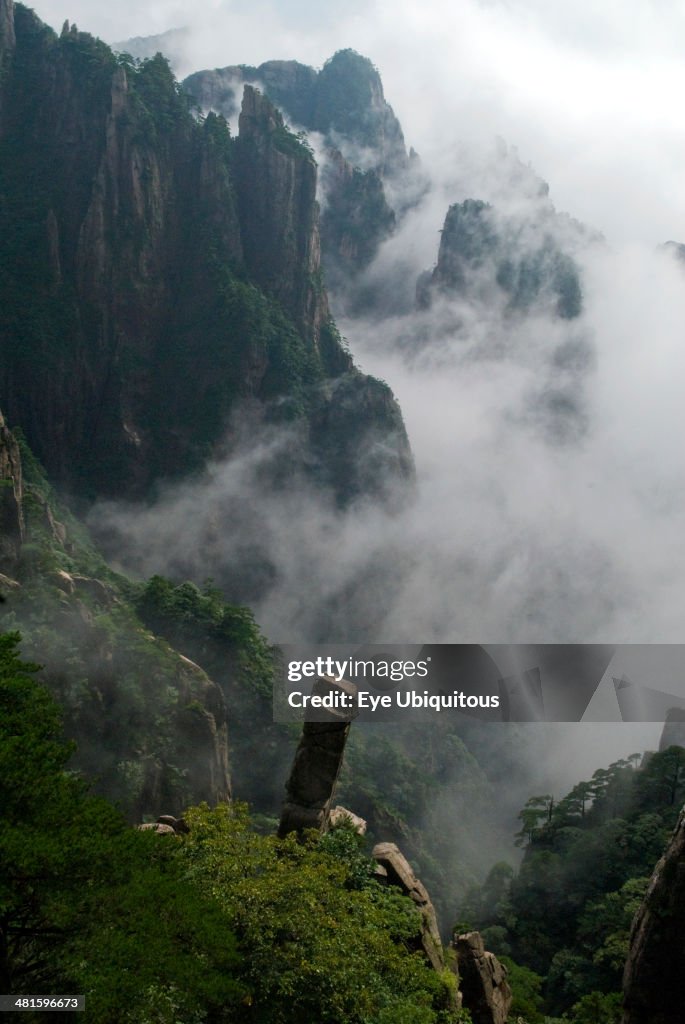 Huangshan or the Yellow Mountain Rock peaks with pine trees and clouds inspiring many artists