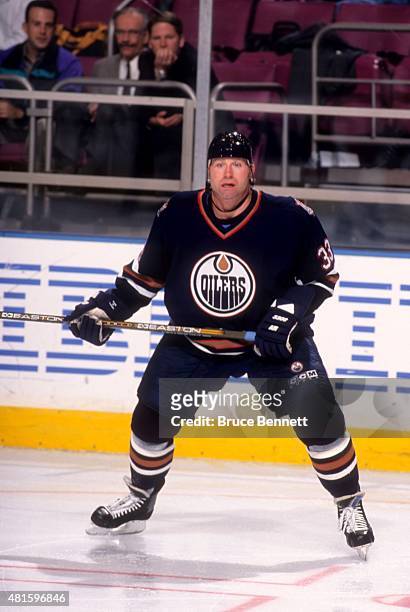 Marty McSorley of the Edmonton Oilers skates on the ice during an NHL game against the New York Rangers on October 20, 1998 at the Madison Square...