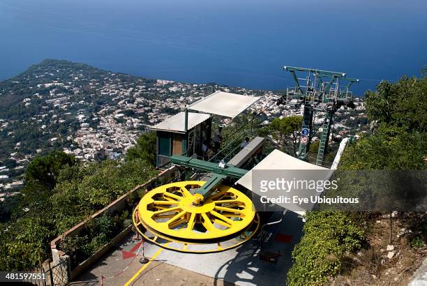 Italy, Campania, Island of Capri, Chairlift on summit of Monte Solaro as it arrives from Anacapri.