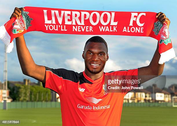 Liverpool unveil new signing Christian Benteke at Melwood Training Ground on July 22, 2015 in Liverpool, England.