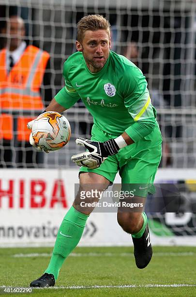 Robert Green of QPR passes the ball during the pre season friendly match between Queens Park Rangers and Dundee United at The Hive on July 22, 2015...